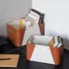imageLA JOLIE MUSE Storage Baskets for Organizing 2 Pack Storage Cube Boxes Luxury Brown Vegan Leather and Beige Greige Fabric for Closet Shelf Cabinet BookcaseBrown