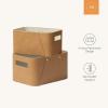 imageLA JOLIE MUSE Storage Baskets for Organizing 2 Pack Storage Cube Boxes Luxury Brown Vegan Leather and Beige Greige Fabric for Closet Shelf Cabinet BookcaseCamel