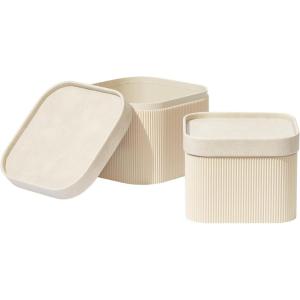 imageLA JOLIE MUSE Fluted Cardboard Storage Baskets with LeatherLike Lids Paper Boxes Decorative Tray Basket Organizer Bins for Jewelry Shelve Bathroom Bedroom Organizing Black Set of 2Beige