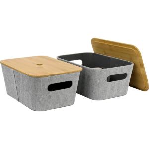 imageLA JOLIE MUSE Modern Basket with Bamboo Lids MidCentury Stackable Storage Basket Bins for Shelves Office Home Organizing Decorative Tweed Fabric Organizer Container Set of 2 Light GreyGrey