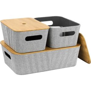 imageLA JOLIE MUSE Modern Storage Basket with Bamboo Lids Decorative Stackable Basket Container for Shelves Table Bookcase Office Organizing MidCentury Storage Organizer Bins Set of 3 Light Gray
