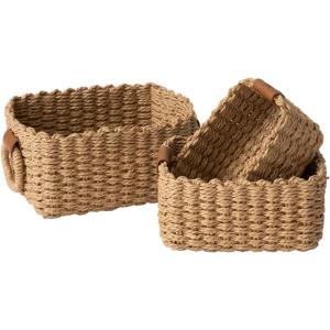 imageLA JOLIE MUSE Small Wicker Baskets for Organizing Recycled Paper Rope Storage Basket Container Bins for Shelves Bathroom Cupboards Drawer Decorative Square Basket Organizer Set of 3 Blue and BeigeDesert