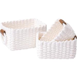 imageLA JOLIE MUSE Small Wicker Baskets for Organizing Recycled Paper Rope Storage Basket Container Bins for Shelves Bathroom Cupboards Drawer Decorative Square Basket Organizer Set of 3 Blue and BeigeWhite