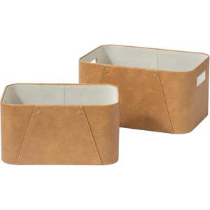 imageLA JOLIE MUSE Storage Baskets for Organizing 2 Pack Storage Cube Boxes Luxury Brown Vegan Leather and Beige Greige Fabric for Closet Shelf Cabinet BookcaseCamel