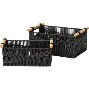 imageLA JOLIE MUSE Wicker Storage Baskets for Organizing Recyclable Paper Rope Basket with Wood Handles Decorative Hand Woven Basket Organizers for Makeup Books Shelves Living Room Black Set of 2Ebony Black