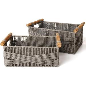 imageLA JOLIE MUSE Wicker Storage Baskets for Organizing Recyclable Paper Rope Basket with Wood Handles Decorative Hand Woven Basket Organizers for Makeup Books Shelves Living Room Black Set of 2Grey