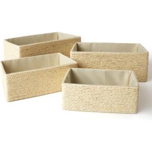 imagePaper Rope Woven Storage Basket Set of 4 with Fabric Liner Stackable Multipurpose Organizer Bin BrownBeige