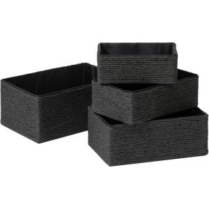 imagePaper Rope Woven Storage Basket Set of 4 with Fabric Liner Stackable Multipurpose Organizer Bin BrownBlack
