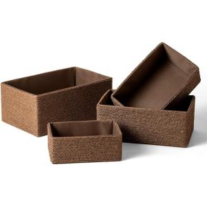 imagePaper Rope Woven Storage Basket Set of 4 with Fabric Liner Stackable Multipurpose Organizer Bin BrownBrown