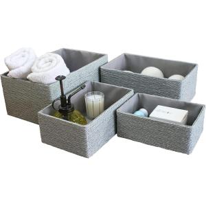 imagePaper Rope Woven Storage Basket Set of 4 with Fabric Liner Stackable Multipurpose Organizer Bin BrownGray
