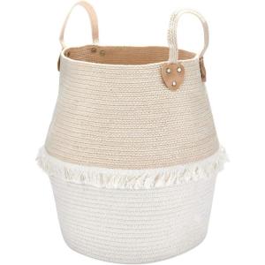 imageRope Basket Woven Storage Basket  Laundry Basket Large 16 x 15 x 12 Inches Cotton Blanket Organizer Baby Nursery Containers White Home Decor Gift