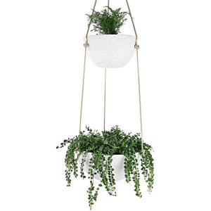 imageLA JOLIE MUSE 2 Tier Hanging Planters for Indoor ampamp Outdoor Plants  Modern Flower Pots with Rope Garden Planters with Drain Holes Speckled White