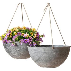 imageLA JOLIE MUSE Large Hanging Planters for Outdoor Plants  13 Inch Hanging Flower Pots Set of 2 Speckled WhiteMarble Pattern