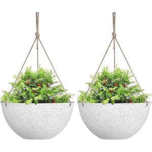 imageLA JOLIE MUSE Large Hanging Planters for Outdoor Plants  13 Inch Hanging Flower Pots Set of 2 Speckled WhiteSpeckled White