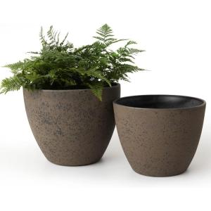 imageLA JOLIE MUSE Outdoor Planter Flower Pots Outdoor 113 Inch Planter with Drainage for Indoor Outdoor Plants Flowers Black Set of 2New Iron