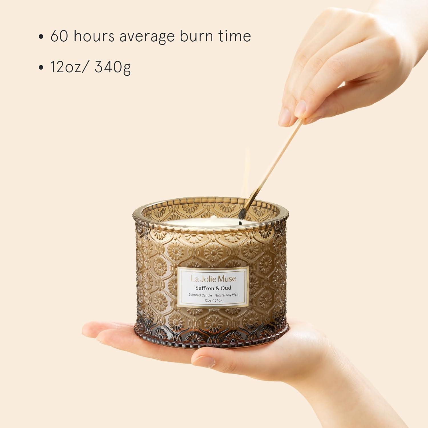 imageLA JOLIE MUSE Pumpkin Candle Fall Candles for Home Scented Large 2Wick Soy Candles Candle Gifts for Women ampamp Men Luxury Jar Candles 60 Hours Long Burning Pumpkin Chai 12ozSaffron  Oud