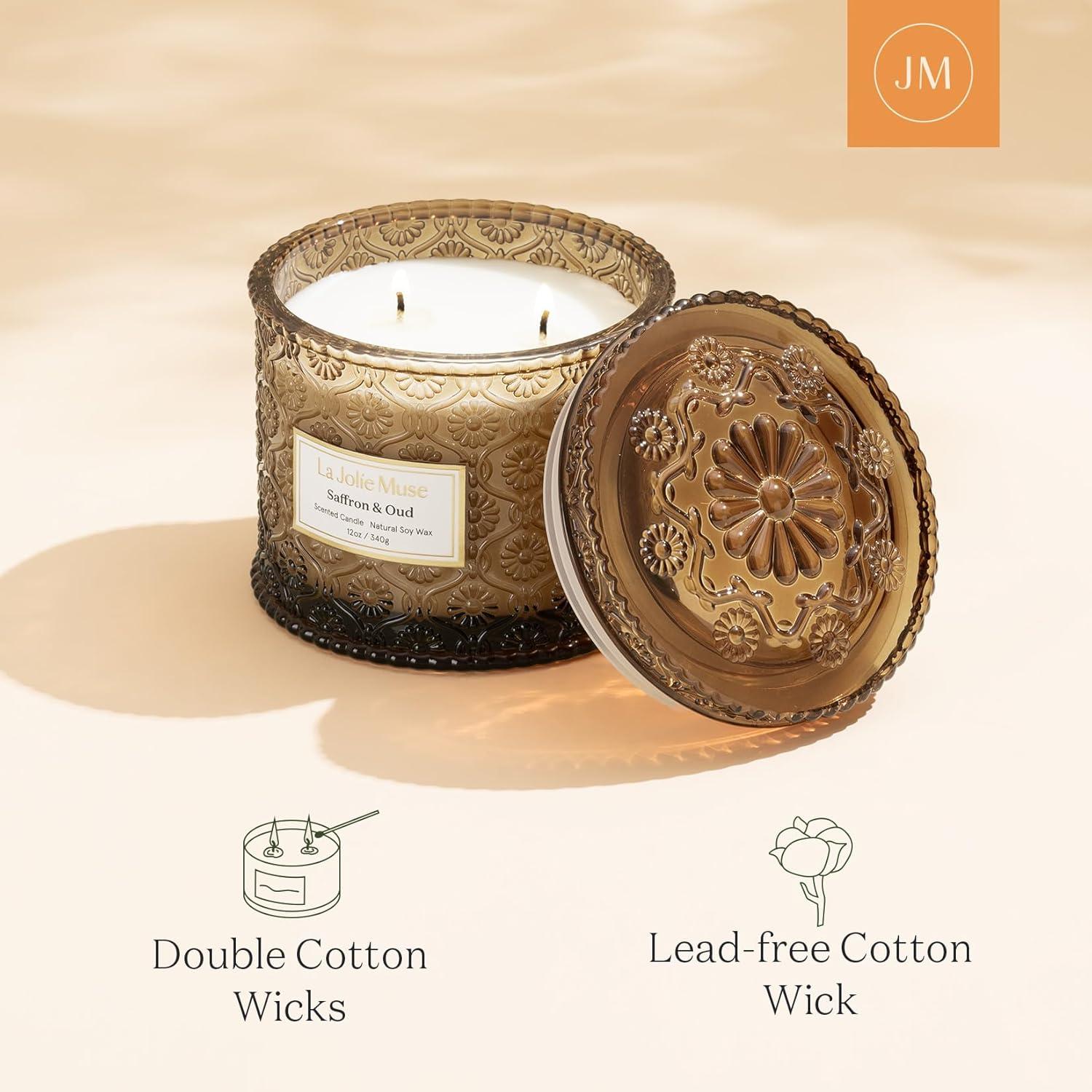 imageLA JOLIE MUSE Pumpkin Candle Fall Candles for Home Scented Large 2Wick Soy Candles Candle Gifts for Women ampamp Men Luxury Jar Candles 60 Hours Long Burning Pumpkin Chai 12ozSaffron  Oud