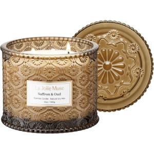 imageLA JOLIE MUSE Pumpkin Candle Fall Candles for Home Scented Large 2Wick Soy Candles Candle Gifts for Women ampamp Men Luxury Jar Candles 60 Hours Long Burning Pumpkin Chai 12ozSaffron  Oud