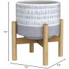 imageLA Jolie Muse Ceramic Plant Pot with Stand  73 Inch Boho Style Decorative Cylinder Flower Pot with Wood Planter Holder for Indoor Slate Blue ampamp WhiteZ Blue