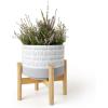 imageLA Jolie Muse Ceramic Plant Pot with Stand  73 Inch Boho Style Decorative Cylinder Flower Pot with Wood Planter Holder for Indoor Slate Blue ampamp WhiteZ Blue