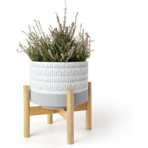 imageLA Jolie Muse Ceramic Plant Pot with Stand  73 Inch Boho Style Decorative Cylinder Flower Pot with Wood Planter Holder for Indoor Slate Blue ampamp WhiteZ Blue