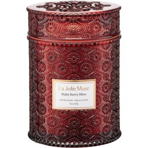 imageLA JOLIE MUSE Ruby Berry Bliss Scented Candle  Mandarin Cranberry ampamp Plum  19 oz Festive Fall Candle  Wooden Wick  Clean Burn ampamp Vibrant Scent  Fun Gift for Hosts ampamp Fall TablescapesRuby Berry Bliss
