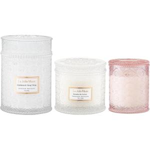 image:imageLA JOLIE MUSE Gardenia amp Ylang Ylang  Jasmine du Lotus  Santal Rose Candle Gift Set  3Piece Soy Wax Candles  19 oz Wooden Wick 12 oz 2Wick amp 6 oz Cotton Wick  90 60 amp 40 Hour Burn