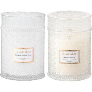 image:imageLA JOLIE MUSE Gardenia amp YlangYlang  Jasmine du Lotus Candle Gift Set  2Piece Soy Wax Candle Bundle  19 oz Wooden Wick  90 Hours Clean Burn  Decorative Candles for Home