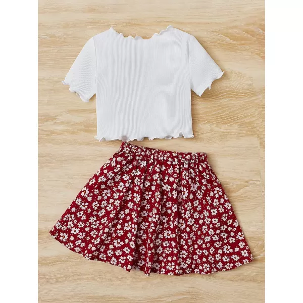 SweatyRocks Girl's 2 Piece Outfit Lettuce Trim Short Sleeve Tee Top and Floral Print Mini Skirts Set