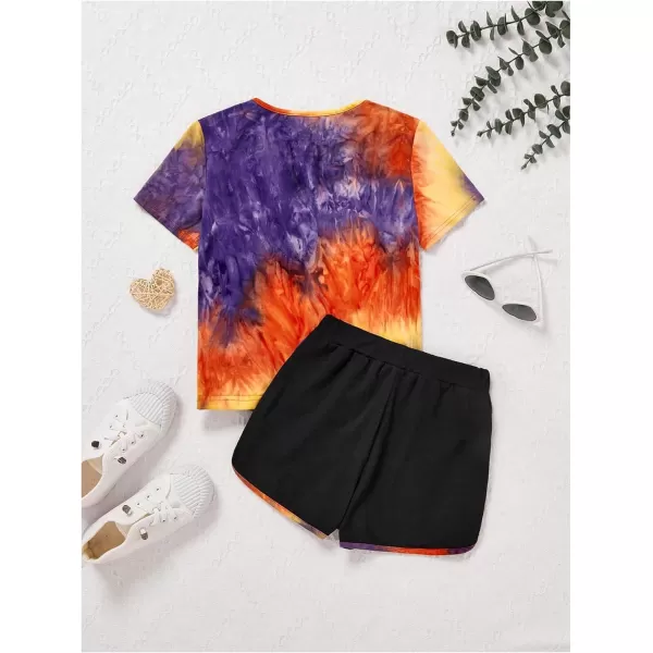 SweatyRocks Girl's 2 Piece Outfit Tie Dye Graphic Print Short Sleeve Tee Top and Track Shorts Set