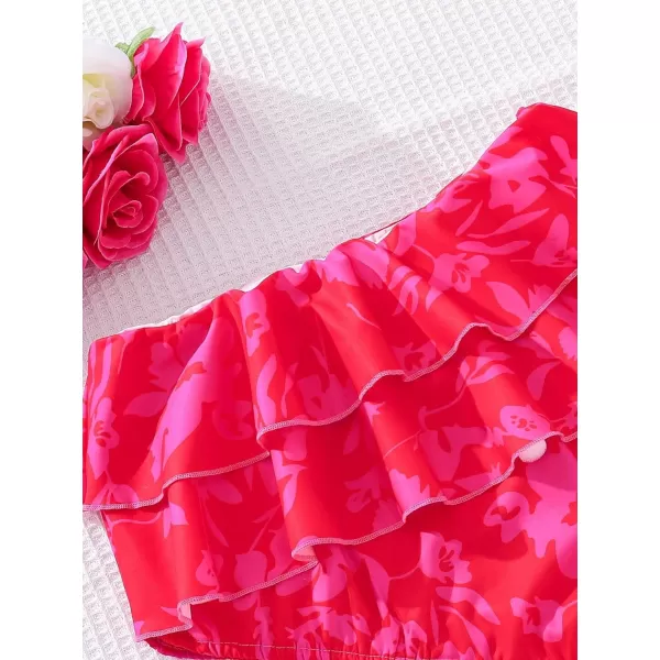 SweatyRocks Girl's 2 Piece Outfits Floral Print Ruffle One Shoulder Sleeveless Top and Shorts Set