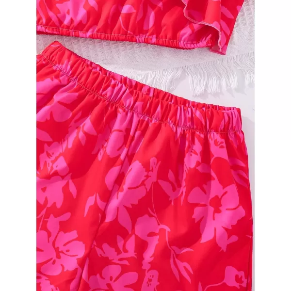 SweatyRocks Girl's 2 Piece Outfits Floral Print Ruffle One Shoulder Sleeveless Top and Shorts Set