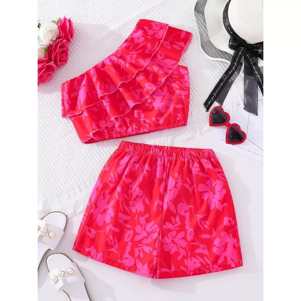 SweatyRocks Girl's 2 Piece Outfits Floral Print Ruffle One Shoulder Sleeveless Top and Shorts Set