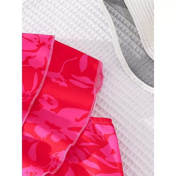 SweatyRocks Girl's 2 Piece Outfits Floral Print Ruffle One Shoulder Sleeveless Top and Shorts Set