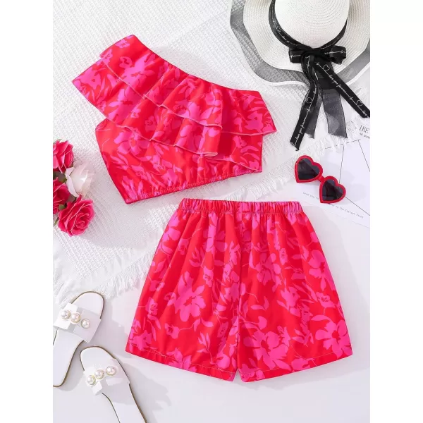 SweatyRocks Girl's 2 Piece Outfits Floral Print Ruffle One Shoulder Sleeveless Top and Shorts Set