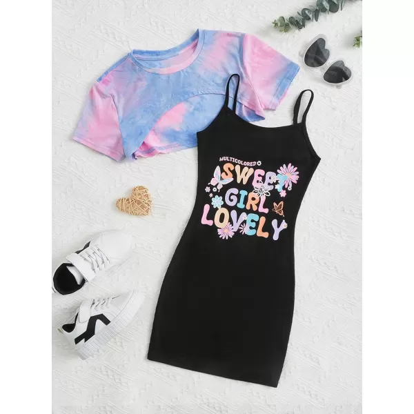 SweatyRocks Girl's 2 Piece Outfits Short Sleeve Crop Top Tee and Camo Print Cami Dress Set