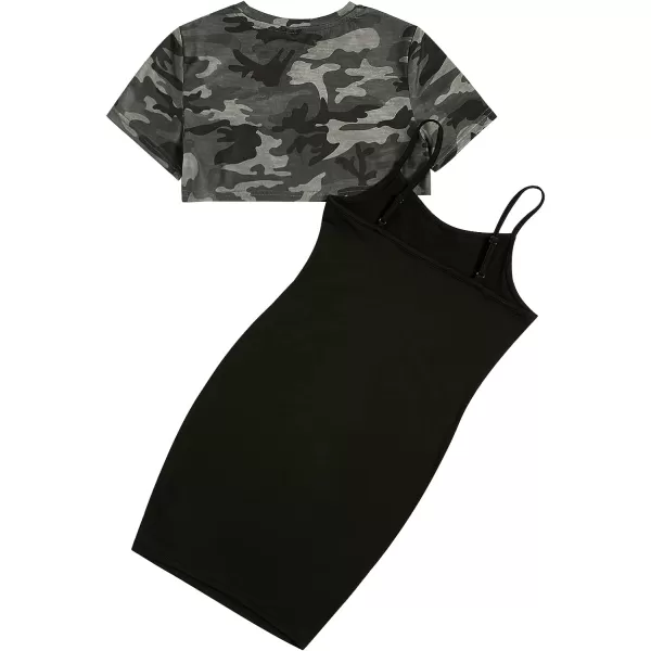 SweatyRocks Girl's 2 Piece Outfits Short Sleeve Crop Top Tee and Camo Print Cami Dress Set