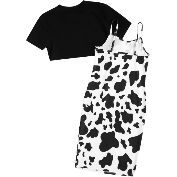 SweatyRocks Girl's 2 Piece Outfits Short Sleeve Crop Top Tee and Camo Print Cami Dress Set