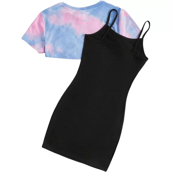SweatyRocks Girl's 2 Piece Outfits Short Sleeve Crop Top Tee and Camo Print Cami Dress Set
