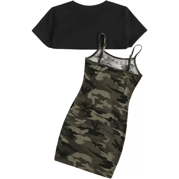 SweatyRocks Girl's 2 Piece Outfits Short Sleeve Crop Top Tee and Camo Print Cami Dress Set