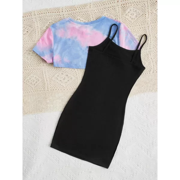 SweatyRocks Girl's 2 Piece Outfits Short Sleeve Crop Top Tee and Camo Print Cami Dress Set