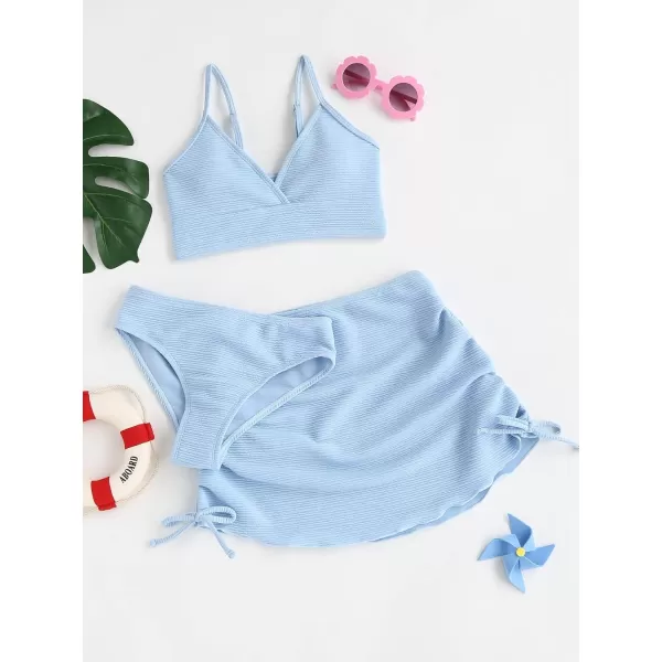 SweatyRocks Girl's 3 Piece Swimsuit Cute Solid Bikini Bathing Suit with Ruched Beach Skirt