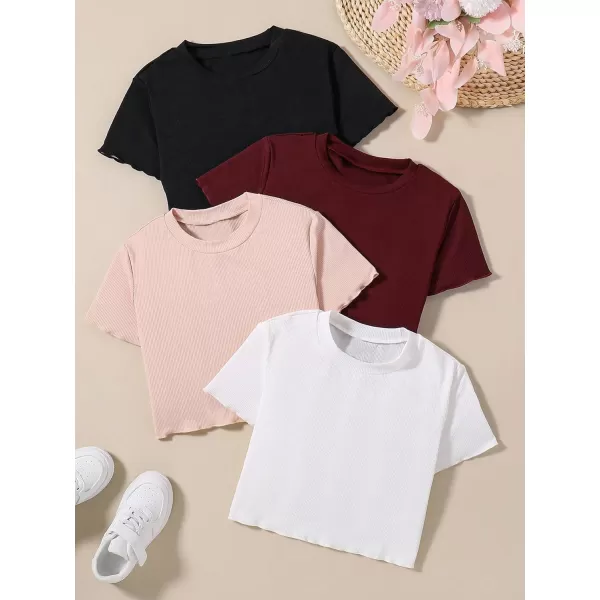 SweatyRocks Girl's 4 Piece Lettuce Trim Short Sleeve Tee Shirts Crewneck Solid Cropped Tops