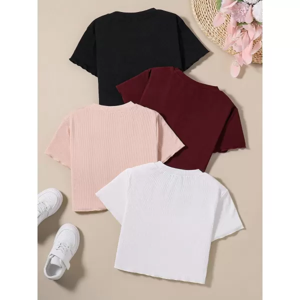 SweatyRocks Girl's 4 Piece Lettuce Trim Short Sleeve Tee Shirts Crewneck Solid Cropped Tops
