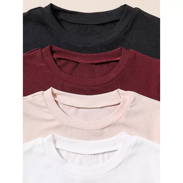 SweatyRocks Girl's 4 Piece Lettuce Trim Short Sleeve Tee Shirts Crewneck Solid Cropped Tops