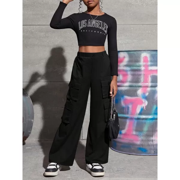 SweatyRocks Girl's Casual Elastic High Waist Zip Up Cargo Pants Wide Leg Trousers with Flap Pocket