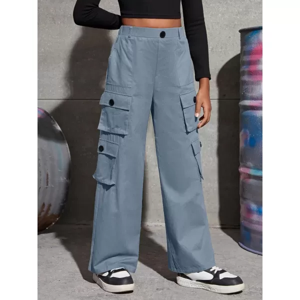 SweatyRocks Girl's Casual Elastic High Waist Zip Up Cargo Pants Wide Leg Trousers with Flap Pocket