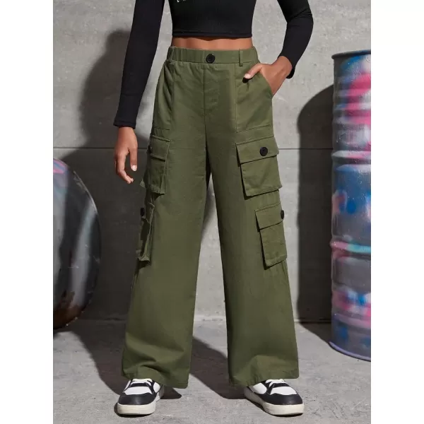SweatyRocks Girl's Casual Elastic High Waist Zip Up Cargo Pants Wide Leg Trousers with Flap Pocket