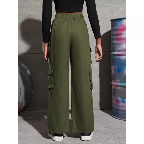 SweatyRocks Girl's Casual Elastic High Waist Zip Up Cargo Pants Wide Leg Trousers with Flap Pocket
