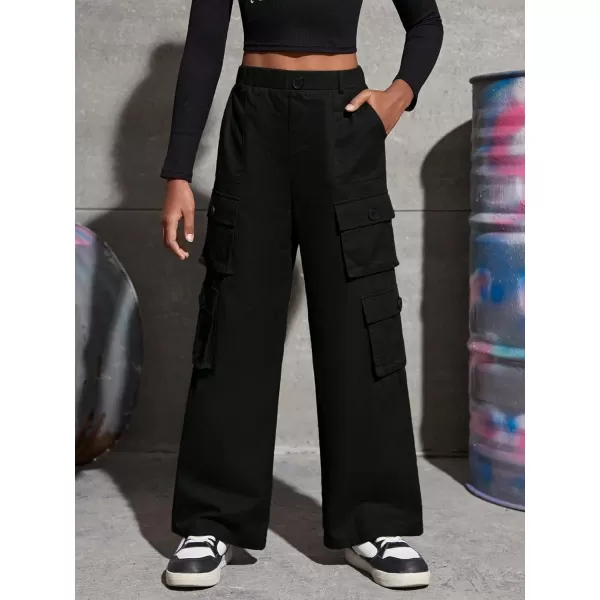 SweatyRocks Girl's Casual Elastic High Waist Zip Up Cargo Pants Wide Leg Trousers with Flap Pocket